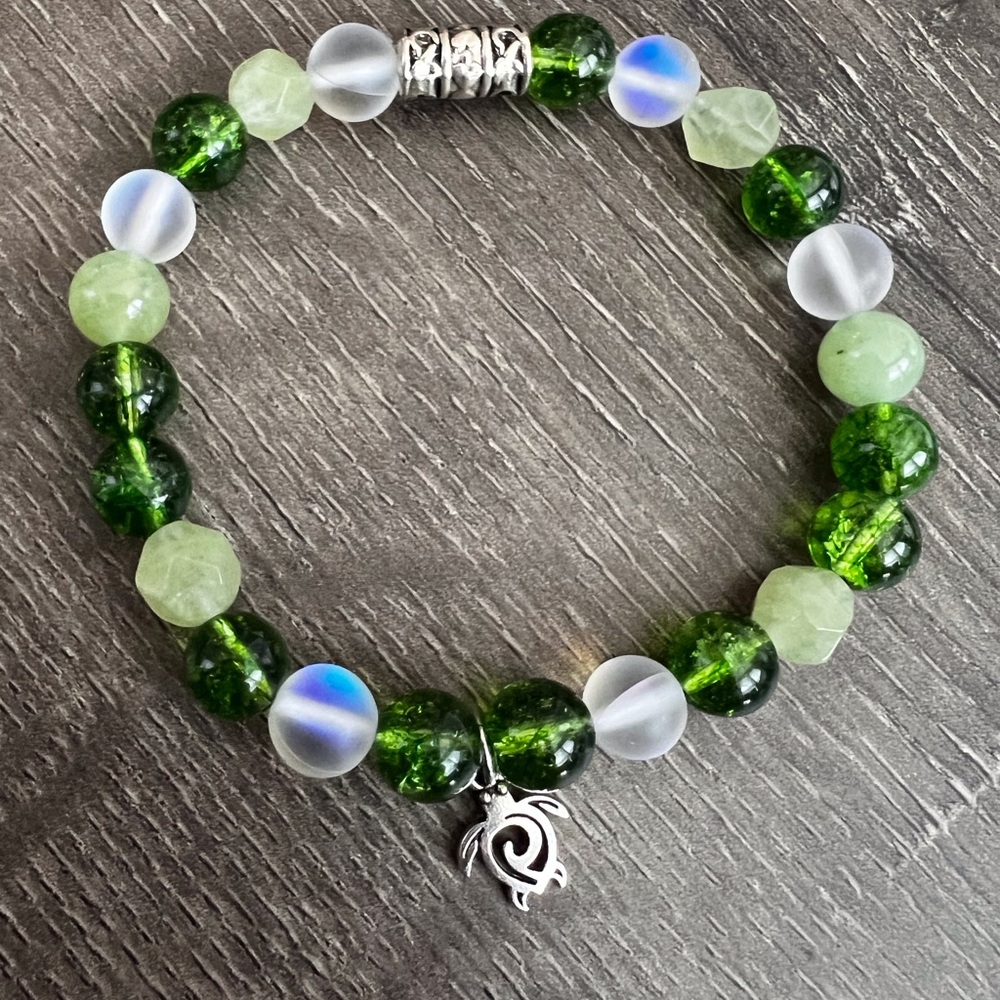 Exquisite Moonstone & Peridot Gemstone bracelet with a silver turtle charm.